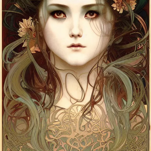 Prompt: realistic detailed face portrait of a Ghostly Gothic Geisha by Alphonse Mucha, Ayami Kojima, Amano, Charlie Bowater, Karol Bak, Greg Hildebrandt, Jean Delville, and Mark Brooks, Art Nouveau, Neo-Gothic, gothic, rich deep moody colors