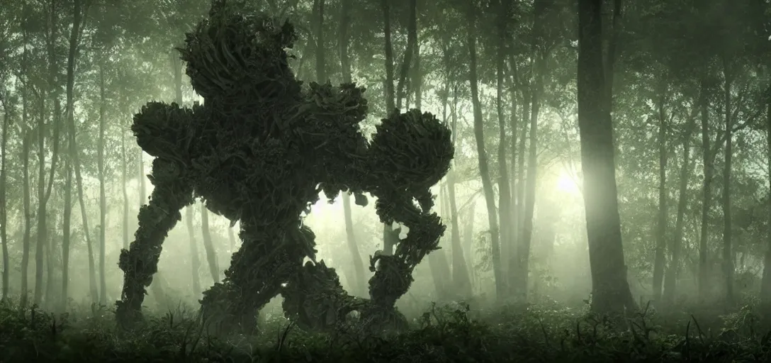 Image similar to a complex organic fractal 3 d metallic symbiotic ceramic humanoid megastructure creature in a swampy lush forest, foggy, sun rays, cinematic shot, photo still from movie by denis villeneuve