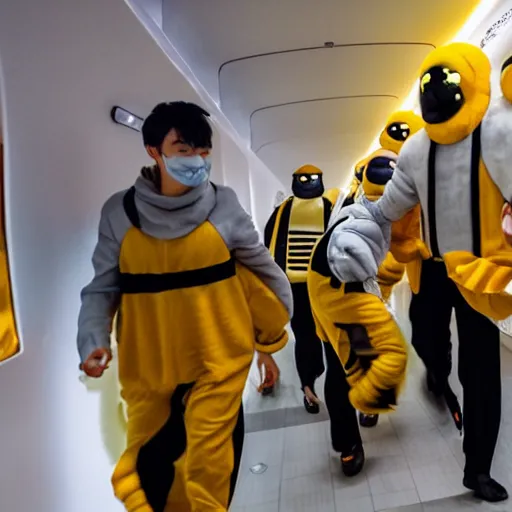 Image similar to several men with bee costumes and bee wings running down the corridor of a capsule hotel