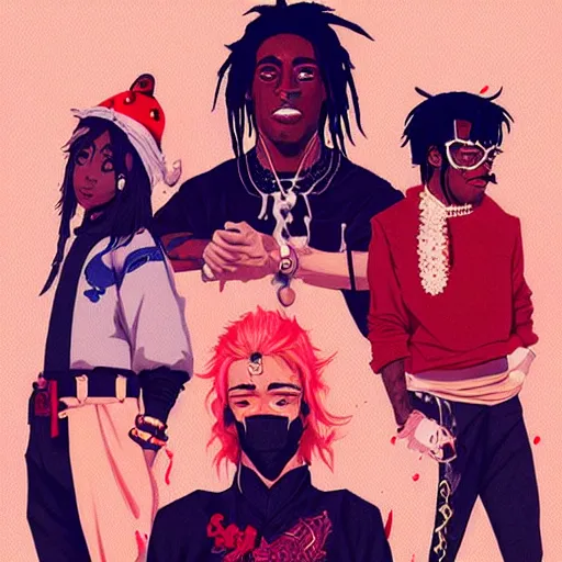 Image similar to Young Thug, Playboi Carti and Lil Uzi Vert, Ninja Scrolls, Gang, Pistol, Blood, red smoke, by Sachin Teng, by artgem, by Loish Trending on artstation