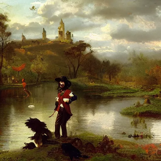 Image similar to scarecrow parade, landscape, romanticism by andreas achenbach