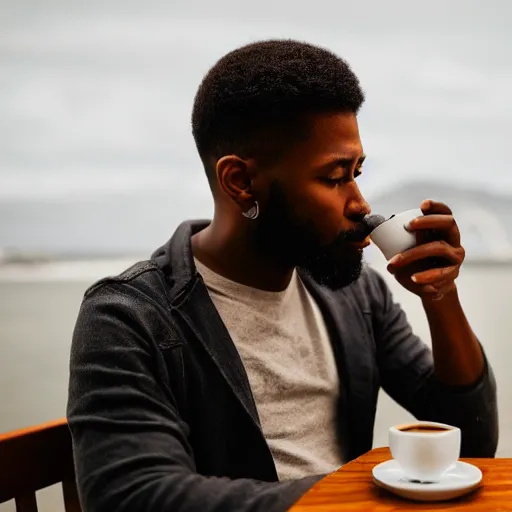 Prompt: a black man drinking a coffee, ( sony a 7 r iv, symmetric balance, polarizing filter, photolab, lightroom, 4 k, dolby vision, photography award, picturesque ) warm lighting, 2 7 0 0 k,