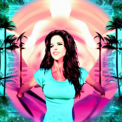 Image similar to a highly detailed and realistic album cover of Kelly Monaco in a vaporwave artwork composition, with Microsoft Windows98 logo