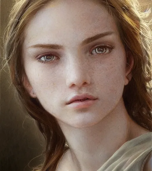 Image similar to portrait of a young woman, light freckles, soft features, muscular, half body, cloth, hazel eyes, short brown hair, thick eyebrows, back light, d & d, fantasy, intricate, highly detailed, digital painting, artstation, concept art, smooth, sharp focus, illustration, art by artgerm and greg rutkowski and alphonse mucha