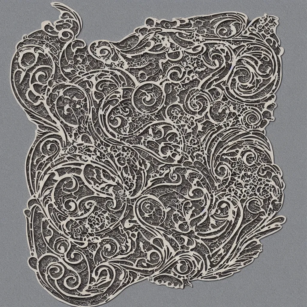 Image similar to vintage art nouveau style sticker, cat as a cyborg, detailed filigree fretwork lacework