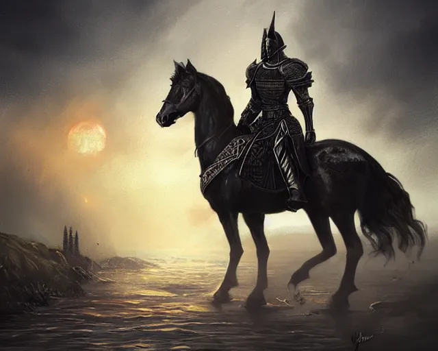 Image similar to black knight on a black horse, black castle silhouette in background, illustration, by ( kieran yanner ) ( miranda meeks ) ( anna podedworna ) ( cristi balanescu ), digital art