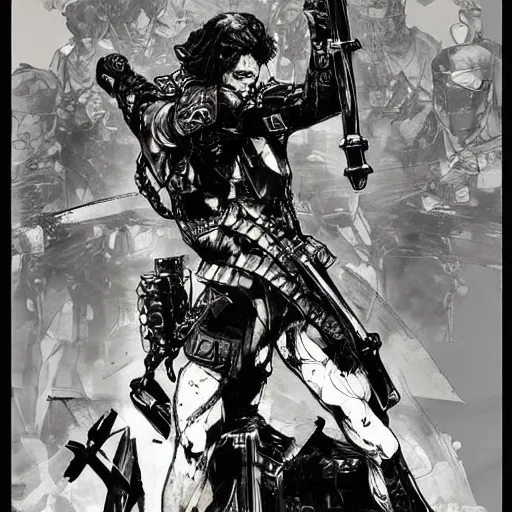 Image similar to hero sitting on a chair holding a sword on his back, looking at a army in the background illustrated by yoji shinkawa, pencil art, extra detail, dynamic, colored, blood, metal swords