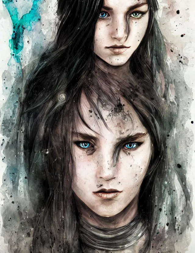 Image similar to portrait of a beautiful young sorceress from skyrim, beautiful eyes, long black hair, aquarelle, realistic painting, freckles, 2 / 4 headshot