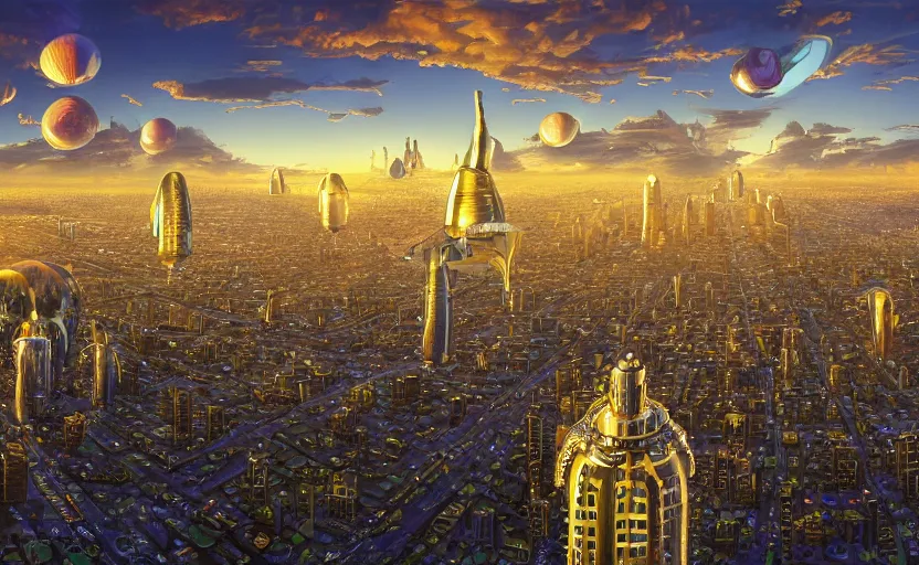 Image similar to hyperdetailed UFOs made of liquid chrome floating over a cityscape at golden hour, by vladimir kush, by jeff koons, 8k resolution, realistic shadows, rendered in octane, hyperdetailed, meticulous, intricate