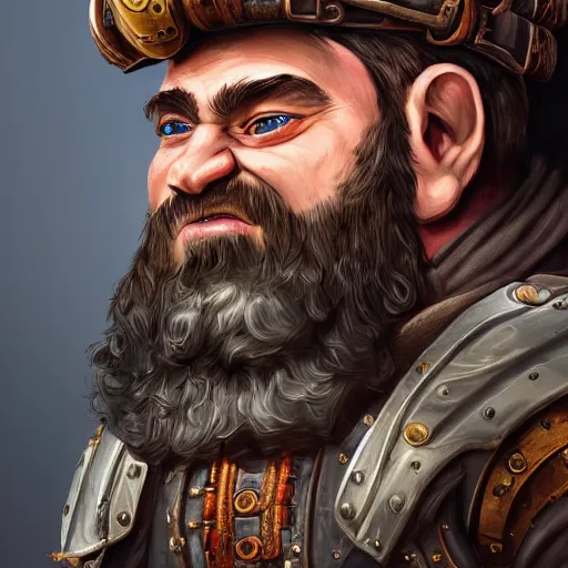 Prompt: a detailed portrait painting of the dwarf cousin okri, from vermintide 2 video game, slayer, berserker, swinging axes, steampunk engineer, artstation, 8 k, fantasy