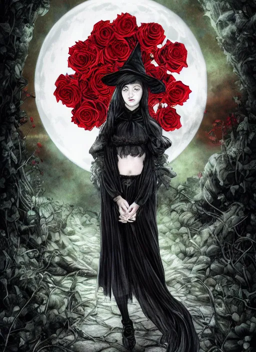 Prompt: portrait, A young witch in front of the full big moon, book cover, red roses, red white black colors, establishing shot, extremly high detail, foto realistic, cinematic lighting, pen and ink, intricate line drawings, by Yoshitaka Amano, Ruan Jia, Kentaro Miura, Artgerm, post processed, concept art, artstation, matte painting, style by eddie, raphael lacoste, alex ross