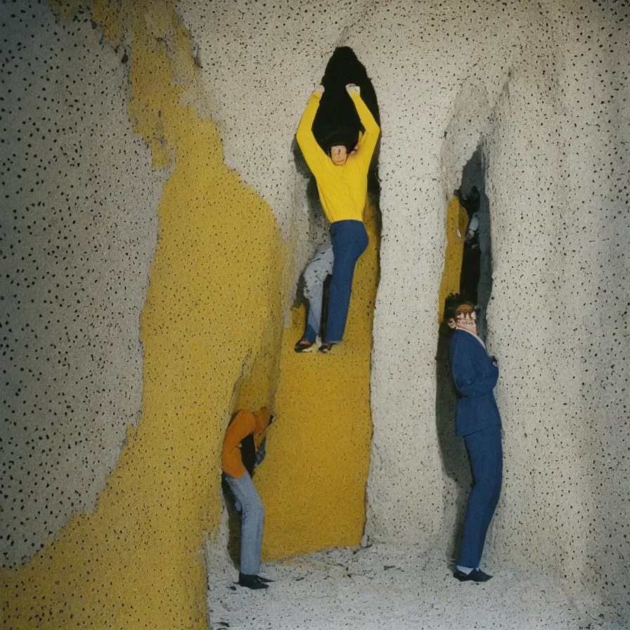 Prompt: 7 0 s movie still of a trypophobia skinny man with trypophobia in a yellow wall soviet tunnel, cinestill 8 0 0 t 3 5 mm eastmancolor, heavy grain, high quality, high detail