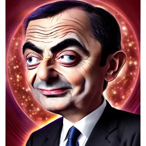 Image similar to beautiful astrotheology esoteric occult art of bionically accurate Mr Bean , award winning high resolution hyper realistic 4k 8k 16k