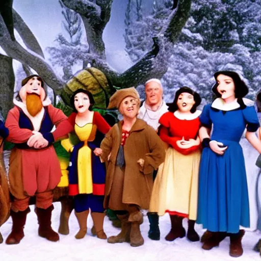 Prompt: Snow White and the Seven Dwarfs in 1938, Walt Disney