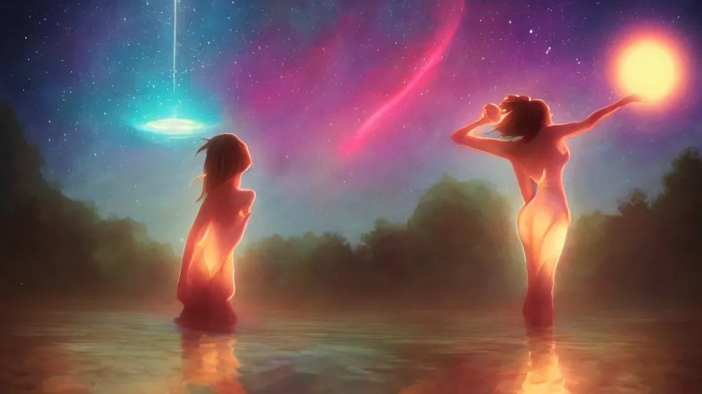 Image similar to a beautiful whimsical woman standing in a lake basking in the moonlight, underneath a multi-colored binary blackhole with an accretion disc, glowing trails following her arm, by Lois van Baarle, by Greg Rutkowski, by artgerm, by beeple, by studio ghibli, rule of thirds, cinematic angle, volumetric lighting, 4k resolution, octane render, trending on artstation, masterpiece