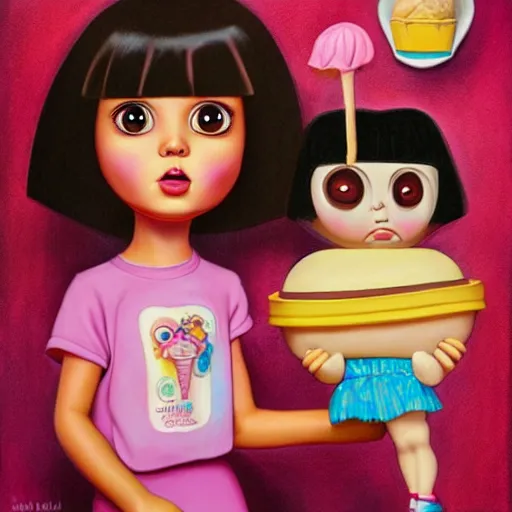 Image similar to dora the explorer as real girl holding ice cream, Pop Surrealism lowbrow style, creepy doll by Mark Ryden, artstation