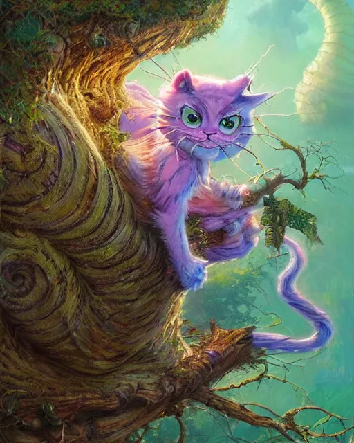 Prompt: an adorable cheshire cat asleep in a tree | highly detailed | very intricate | symmetrical | whimsical and magical | soft cinematic lighting | award - winning | wonderland | painted by donato giancola and paul lehr and ross tran | pastel color palette | featured on artstation