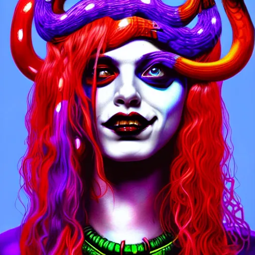 Image similar to an extremely psychedelic portrait of medusa as harleyquinn, surreal, lsd, face, detailed, intricate, elegant, lithe, highly detailed, digital painting, artstation, concept art, smooth, sharp focus, illustration