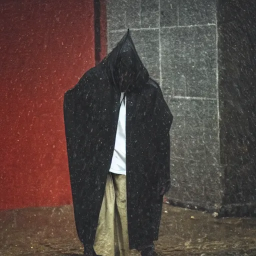 Image similar to A demonic goat man wearing a hood leaning on a wall in a dark alleyway during a rainstorm