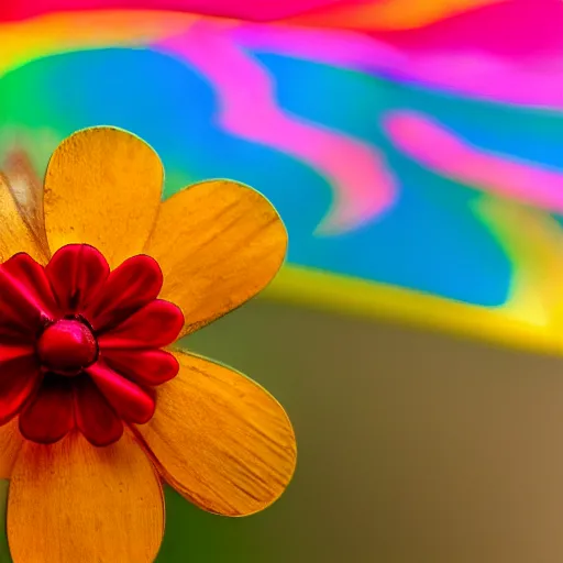 Image similar to closeup photo of rainbow - colored flower with 7 petals, held by hand, shallow depth of field, cinematic, 8 0 mm, f 1. 8