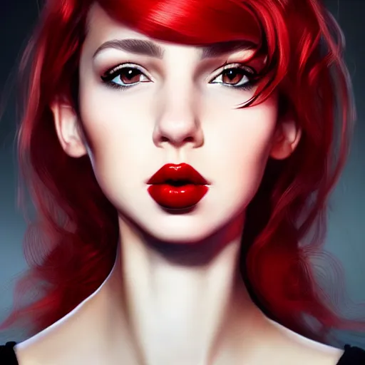 Image similar to a realistic illustration portrait of a beautiful cute girl with curly black and red hair, a pointy nose and, round chin black eyeliner, trending on artstation, hyper - realistic lighting, intricate