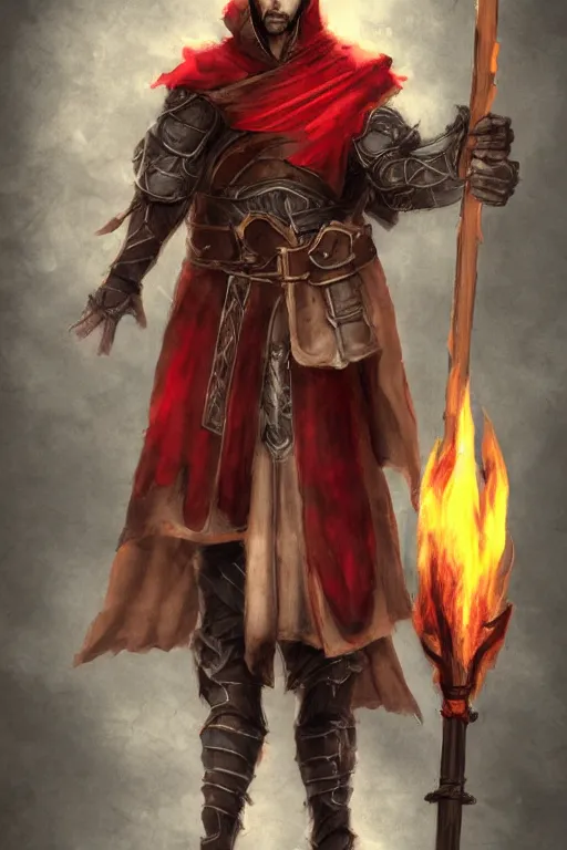 Prompt: male shifter, late 2 0 s, medium brown hair, green eyes, athletic build, armor under ripped white and red priest's clothes, holding wooden shield and flaming holy symbol, dungeons and dragons, pathfinder, roleplaying game art, concept art, character design,