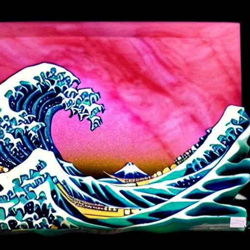 Prompt: carved diorama of The Great Wave off Kanagawa with pink lava and fire, carved out of transparent marble with celadon glaze:: Diorama:: Symmetrical, Isometric camera, wide angle:: Translucent, Iridescent, Ray Tracing Reflections, Harris Shutter, SFX, insanely detailed and intricate, hypermaximalist, elegant, ornate, ultra-realistic, HD Octane Render, 3d, masterpiece