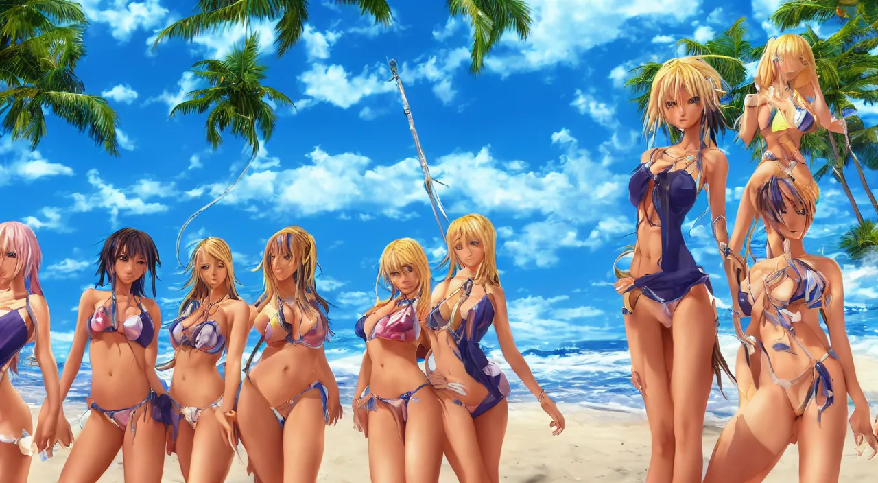 Prompt: Massive wallpaper of beautiful extremely detailed anime waifus in bikinis posing on the beach, award winning, digital art, unreal engine 5, incredible quality, 4k, by Robert McCall and Greg Ludkowski and Jim Burns