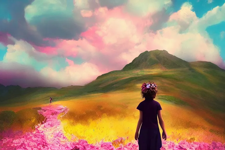 Prompt: giant dahlia flower crown head, young girl walking on mountain, surreal photography, pink storm clouds, dramatic light, impressionist painting, digital painting, artstation, simon stalenhag