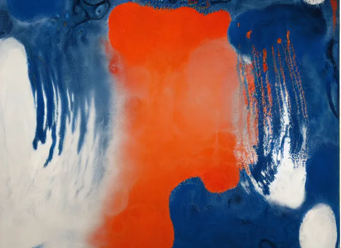 Image similar to swirling abstract painting in dark blue, white, orange, painted by Julian Schnabel, Helen Frankenthaler, Pat Steir and Hilma af Klint, abstract painting, color field painting. 8k, pastose, extreme detail, intricate detail, masterpiece