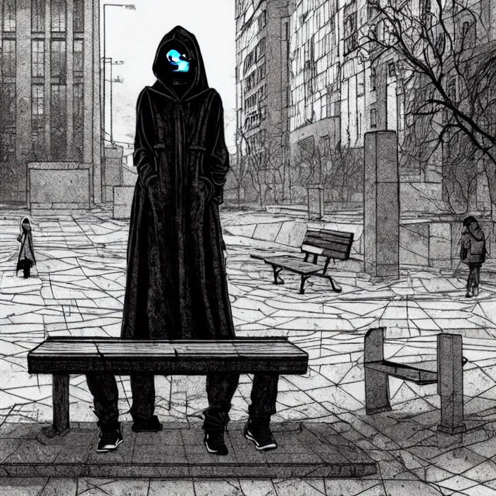 Image similar to storyboard : sadie sink in hoodie sits on bench in ruined square, pedestrians walk by, soviet monument and propaganda posters. scifi cyberpunk. by gabriel hardman. cinematic atmosphere, detailed and intricate, perfect anatomy