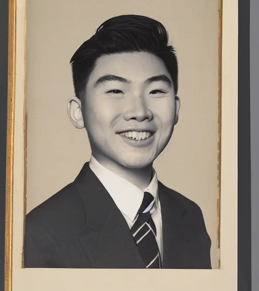 Prompt: a professional portrait of frank zhang, a 1 7 year old chinese - canadian boy with brown eyes, military cut flat top black hair, a warm smile, a chubby, round face, a chubby body, 6'3 height, archer