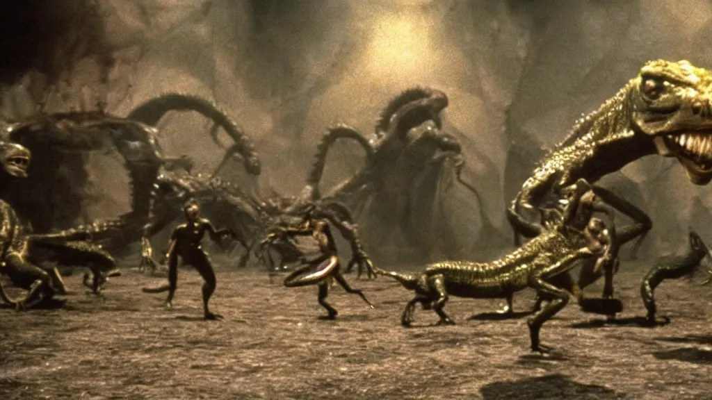 Image similar to movie scene of a group of draconian humanoids arriving to earth, reptil, reptilian, movie still, cinematic composition, cinematic light, criterion collection, reimagined by industrial light and magic, Movie by David Lynch and Ridley Scott