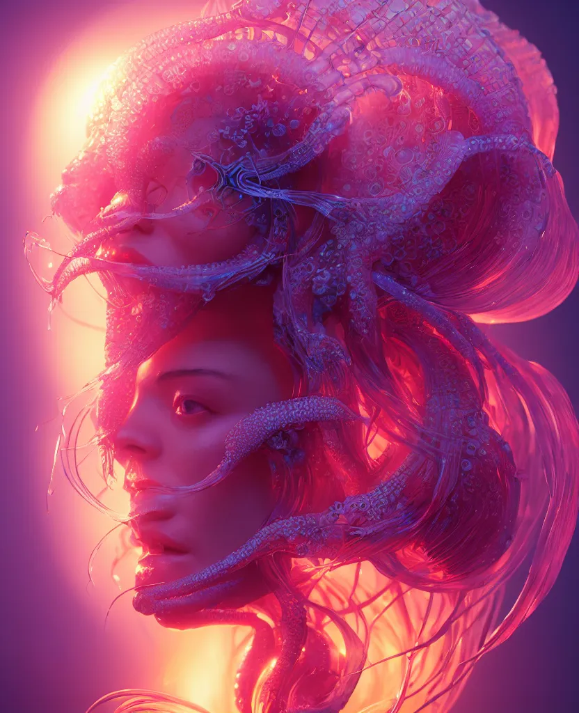 Image similar to goddess close-up portrait. orchid jellyfish phoenix head, nautilus, skull, betta fish, bioluminiscent creatures, intricate artwork by Tooth Wu and wlop and beeple. octane render, trending on artstation, greg rutkowski very coherent symmetrical artwork. cinematic, hyper realism, high detail, octane render, 8k