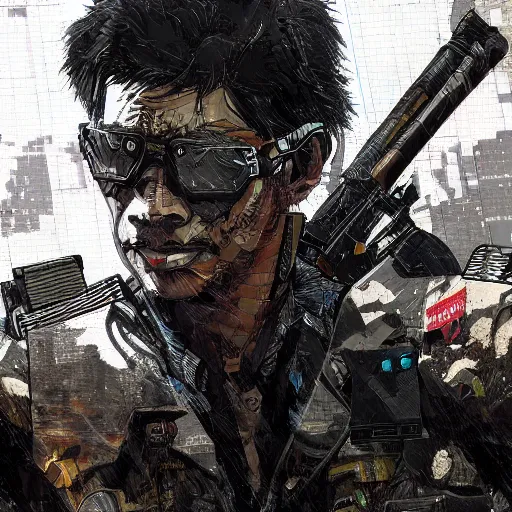 Image similar to 8K detailed illustration of a post-apocalyptic cyberpunk Indonesia war general in the style of Yoji Shinkawa, high resolution