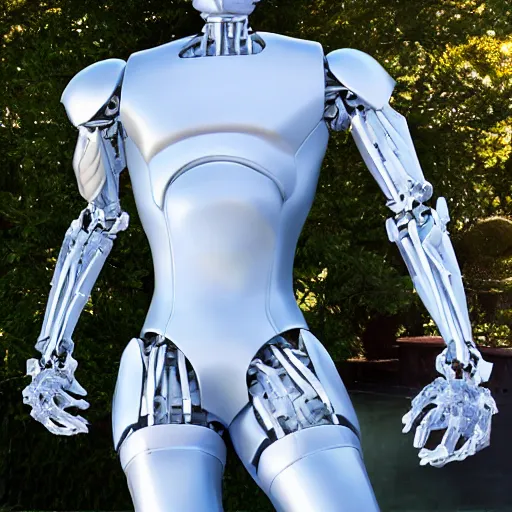 Image similar to made of ice, a realistic detailed photo of a guy who is an attractive humanoid who is half robot and half humanoid, who is a male android, on display, blank stare, showing off his muscles, shiny skin, posing like a statue, by the pool, frozen ice statue, twitch streamer / gamer ludwig, humanoid robot