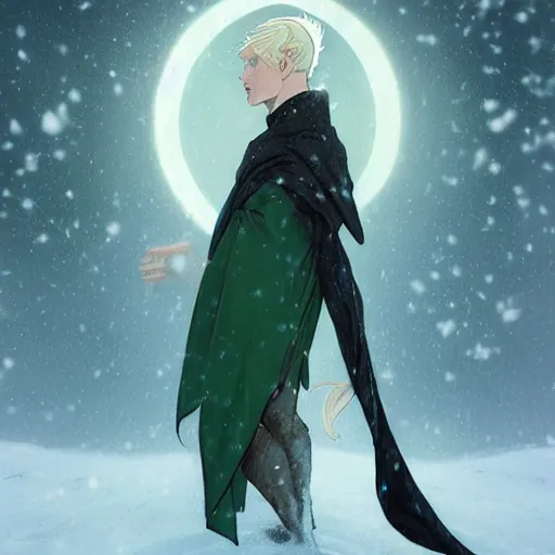 Image similar to portrait of a handsome pointy - eared male snow elf in a turquoise cape, albino skin, pointy ears, mid - shot, moonlight snowing, ethereal opalescent mist, winter vibes, perfect face, elegant, very coherent symmetrical artwork, by greg rutkowski, alphonse mucha, charlie bowater, trending on artstation