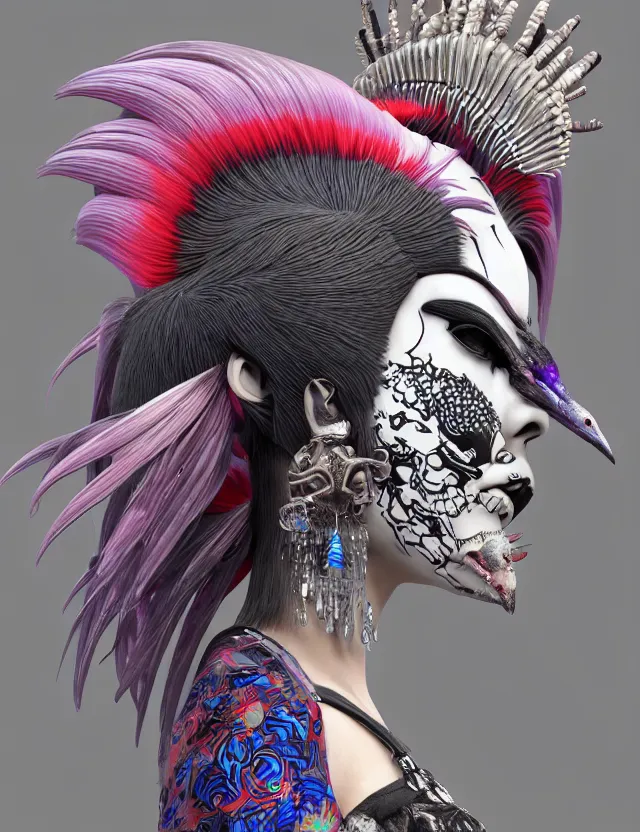 Image similar to 3 d goddess close - up profile portrait punk with mohawk with ram skull. beautiful intricately detailed japanese crow kitsune mask and clasical japanese kimono. betta fish, jellyfish phoenix, bio luminescent, plasma, ice, water, wind, creature, artwork by tooth wu and wlop and beeple and greg rutkowski