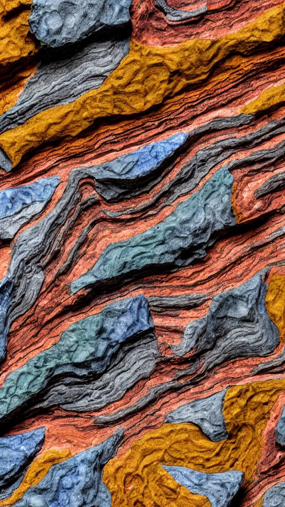 Image similar to vivid color, folded, tessellated planes of rock, alien sedimentary schematic, igneous rock, marbled veins, 3D diorama architectural drawing with layers of strata, ochre, sienna, black, gray, olive, mineral grains, dramatic lighting, rock texture, sand by James jean, geology, octane render in the style of Luis García Mozos