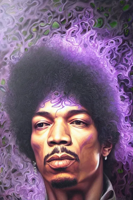 Prompt: A mystical mesmerizing 8k hyperrealistic Photo Portrait jimi hendrix transforming into a purple haze, soft, sharp focus, detailed, art by artgerm and Alphonse Mucha