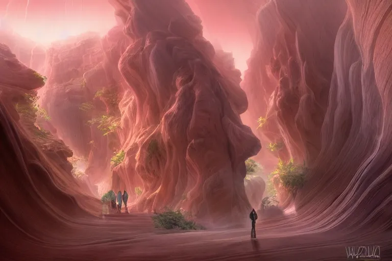 Image similar to Celestial majestic luxurios futuristic other worldly realm with Singaporean royal gold lush volcano, set on Antelope Canyon with white thermal waters flowing down pink travertine terraces, relaxing, ethereal and dreamy, thunderstorms and multiversal tornado, visually stunning, from Star Trek 2021, illustration, by WLOP and Ruan Jia and Mandy Jurgens and William-Adolphe Bouguereau, Artgerm