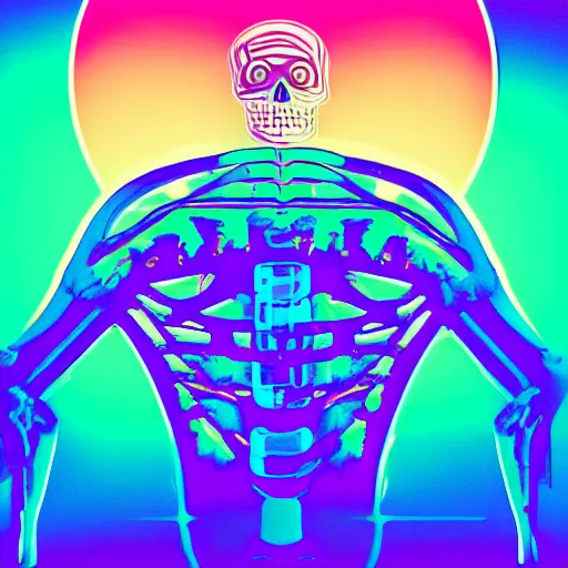 Prompt: a skeleton in cyberspace, his hands behind his back, laughing, detailed, outrun, synthwave, vaporwave, complimenting color scheme