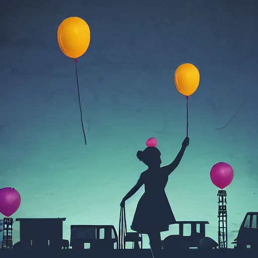 Prompt: a girl holding a balloon at a fairground. buildings with graffiti. silhouette. in the style of simon stalenhag