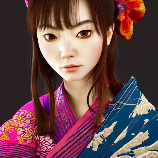 Image similar to centered portrait of a 3D beautiful Japanese girl in kimono, hyperdetailed, digital painting, trending on Artstation, cel-shading style, CG society, hyperdetailed, digital painting, hypermaximalist, golden ratio, volumetric, octane render, weta digital, micro details, 3d sculpture