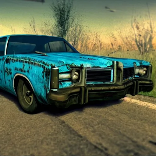 Image similar to A screenshot of a rusty, worn out, broken down, decrepit, run down, dingy, faded, chipped paint, tattered, beater 1976 Denim Blue Dodge Aspen in FlatOut 2