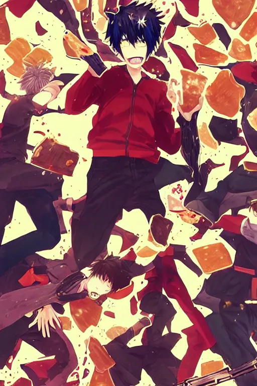Image similar to manga cover, group of american highschoolers, cereal boxes background, cereal, emotional lighting, character illustration by tatsuki fujimoto, chainsaw man, fire punch