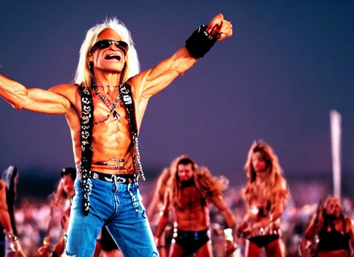 Image similar to photo still of david lee roth at the woodstock 9 9!!!!!!!! at age 3 6 years old 3 6 years of age!!!!!!!! on stage in spandex, 8 k, 8 5 mm f 1. 8, studio lighting, rim light, right side key light