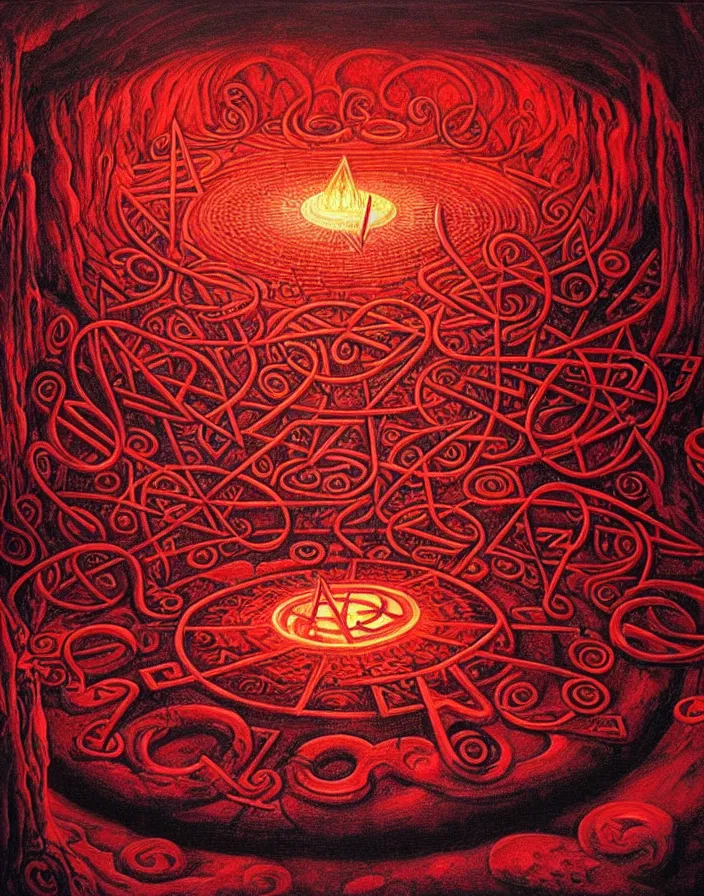 Image similar to beautiful painting of a summoning circle spell with runes in a dark cave, tarot, complex environment, by johfra bosschart, fractals, red liquid glowing metal veins, details