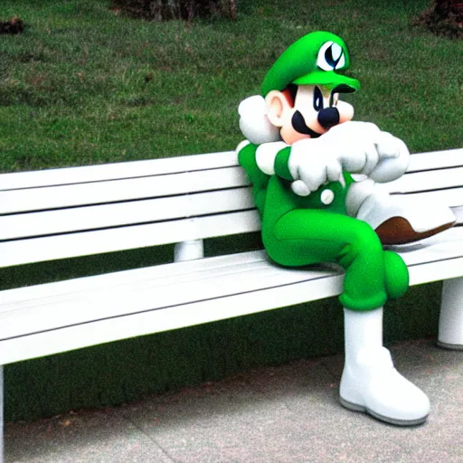 Prompt: luigi sad crying on bench