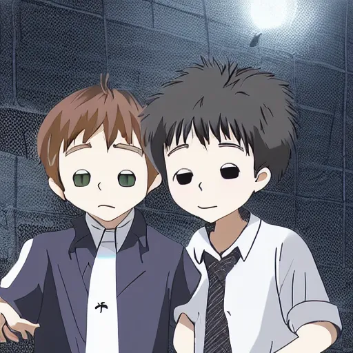 Prompt: two boys explore a haunted school at night, anime, animated